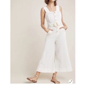 Anthropologie Cape Cod Linen Jumpsuit Romper Cream Button Wide Leg Crop Size 12